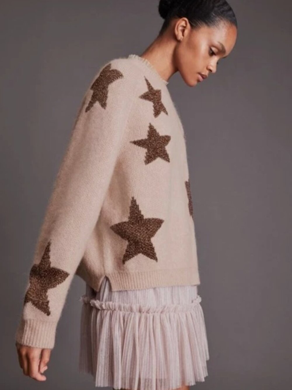 AllSaints Womens Pink Star Jumper Sweater Wool Blend Metallic Oversized Size M - Picture 1 of 9